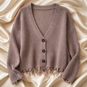 Maurices SZ S Fringed Hem Taupe Sweater.Oversized, Button Front. p2p 20" Stretch